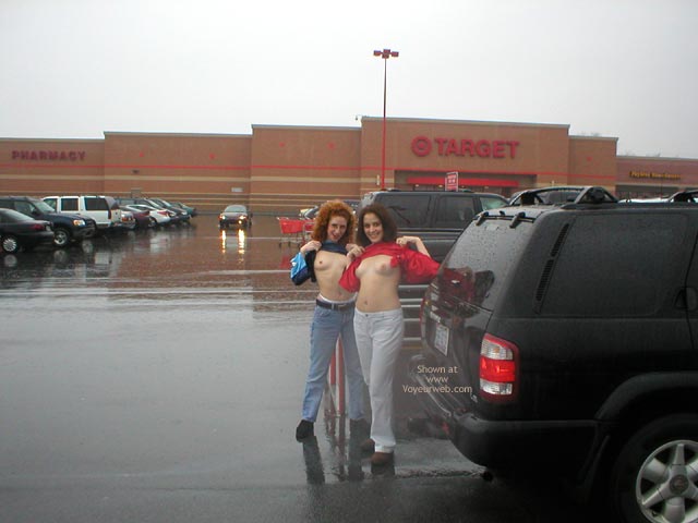 Rain In The Park Lot - Flashing , Rain In The Park Lot, Two Girl Topless In The Park, Public Flashing, Double Flash In Weather