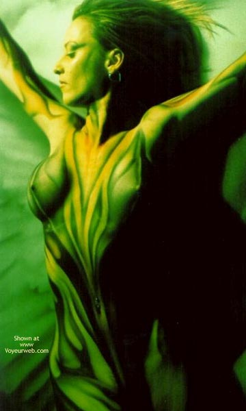 Green Body - Body Paint, Sexy Body , Green Body, Projected Light On Skin, Arty, Body Paint, Looking To The Side