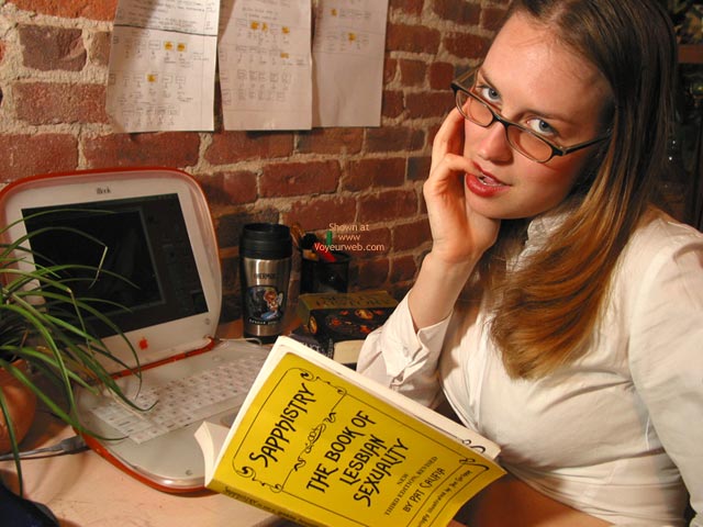 Laptop Glasses - Glasses, Lesbian , Laptop Glasses, Sappho Book, Librarian Chick, Pinky In Mouth Lesbian, Lesbian Librarian, Straight Hair, Tied Up Shirt