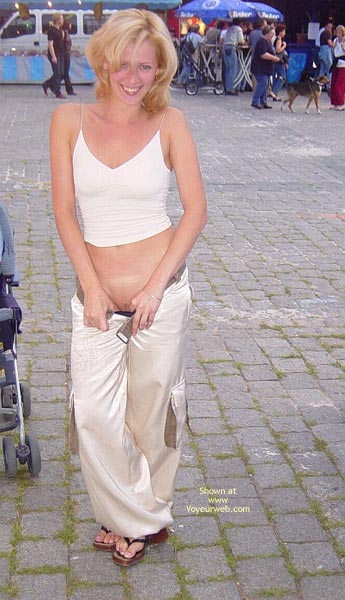 Exposed Pussy In Publie - Sandals, Sexy Panties , Exposed Pussy In Publie, Blonde In Thong Sandals, White Top And Pants, Public Panty Pulldown
