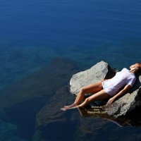 Girl On A Rock In The Ocean - Artistic Nude, Sunbathing , Girl On A Rock In The Ocean, Artistic Shot, Wet T-shirt, Sunbathing