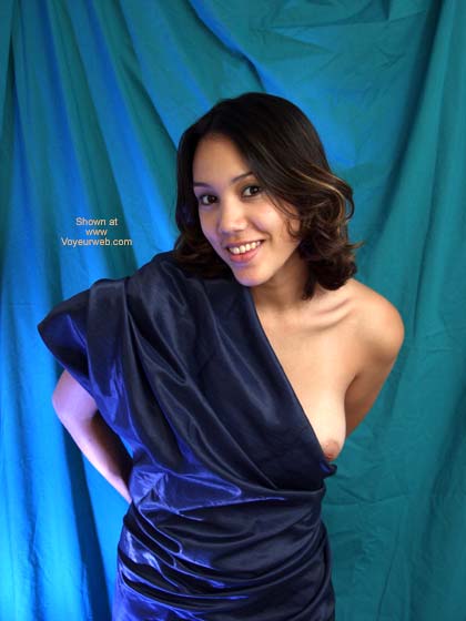 Blue Sari , Blue Sari, Playful Nimp, Posed Nude, Boob Exposed, Brunette In Blue Wrap, Blue Satin Sheet, Brunette In Blue