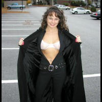 Flashing In Car Park - Looking At The Camera, Sexy Body , Flashing In Car Park, Dressed In Black, Showing Bra, Smiling At Camera, Long Red Fingernails, Tight Body