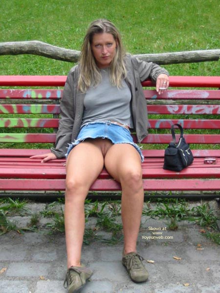 Eip - Long Hair , Eip, Shaved Pussy Upskirt, Long Blonde Hair, Sitting, Park Bench, No Panties Upskirt, Jean Skirt