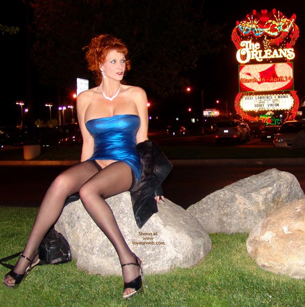 Pantyless In Vegas - Heels, Long Legs, Stockings , Stockings, Busty Redhead, Big Titted Lady, Little Blue Dress, Sitting On A Rock, What Happens In Vegas, Las Vegas Slut, Tight Dress, Bursting Out, Bottomless, Las Vegas Style Snatch