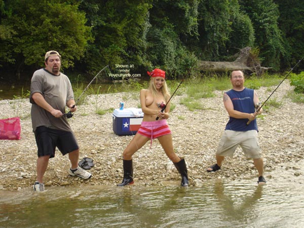 Fishing Buddy S - Blonde Hair, Fishing, Topless , Fishing Buddy S, Fishing, Topless, Blonde Hair, Toppless Girl Holding Rod, Toppless Girl Fishing With Two Buddies, Girl With Rod