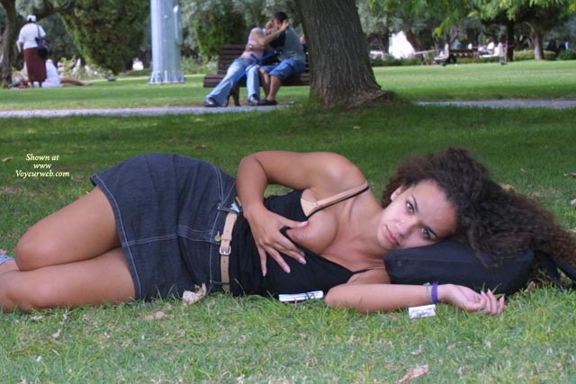 Short Jeans Skirt - Nude In Public , Short Jeans Skirt, Nude In Public, Nipple Peak, Public Boob Flash, Park