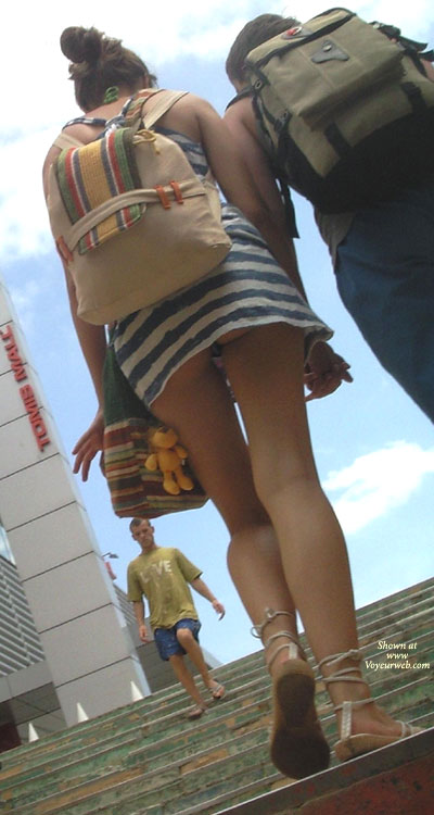 Street Upskirt - Brunette Hair, Long Legs , Upskirt, Round Ass, Upskirt On Stairs, Street Voyeur, Climbing Stair With Buttcheeks Exposed, Short Skirt, Sandals