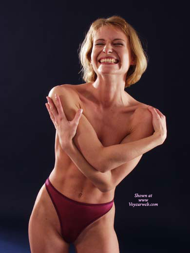 Smile - Smile, Sexy Panties , Smile, Athletic Women, Women With Muscles, Fit Slender Body, Vintage Panties, Hugging Herself, High Cut Red Sheer Thong