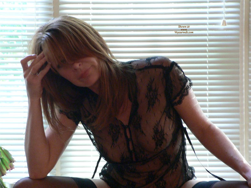 See-through Top , See&#45;through Top, Lacy Lingerie Breasts, Backlit Beauty, See&#45;through Top, Lacy Lingerie Breasts, Backlit Beauty, Lace Lingerie, Black Body Suit, Blond, Thigh High Stockings