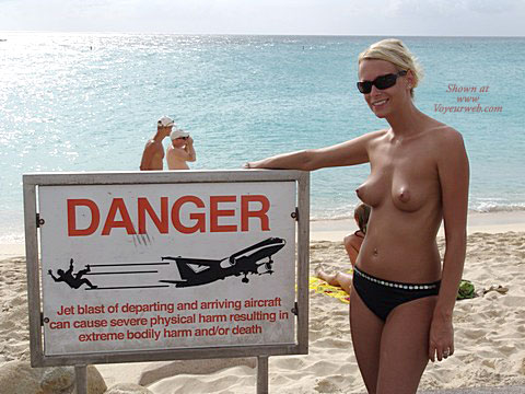 Topless At The Beach - Hard Nipple, Sunglasses, Sexy Panties , Topless At The Beach, Danger Sign, B-cup Breasts, Blond Nude, Hard Nipples, Black Panties, Sunglasses, Seen On Beach, Pointy Boobs