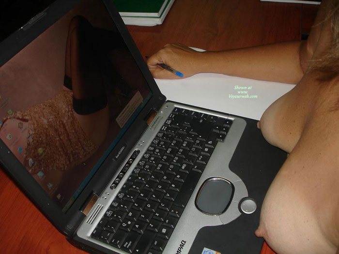 Topless Sitting In Front Of Laptop - Erect Nipples, Topless , Boobs On Laptop, White Boobs Resting On Black Laptop, Girl & Computer, Nipple Typing, Topless On A Laptop, Naked At The Desk, Breasts On A Laptop, Tanlines