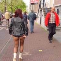Pantyhosed Ass In The Street - Nude In Public , Pantyhosed Ass In The Street, Pantyhose In Public, Skirt Lifting, Black Leather Jacket, White Boots Mid Calf Leather, Dark Red Hair, Eip
