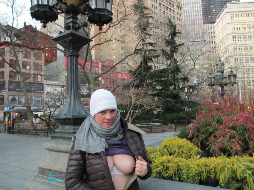 Pic #1Wife Braving The Cold to Flash in The City - Big Tits, Flashing, Nature, Public Exhibitionist, Public Place, Wife/wives, Hard Nipples
