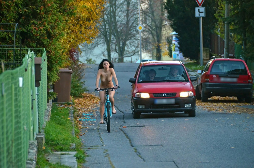 Pic #1Nude on Bike - Public Place, Public Exhibitionist, Brunette