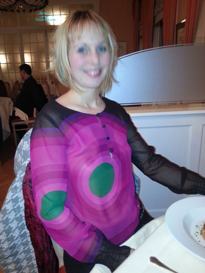 Pic #1Sheer Top in Restaurant - Blonde, Public Exhibitionist, Public Place, See Through