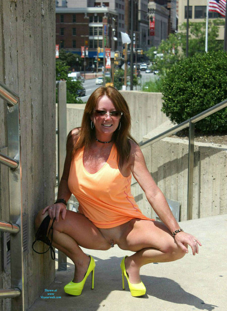 Pic #1Playing Around On The Skywalk  - High Heels Amateurs, Public Exhibitionist, Public Place, Shaved