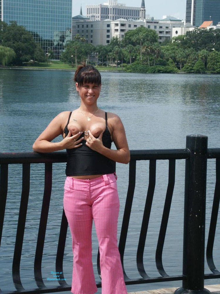 Pic #1At Parking Lot - Big Tits, Brunette, Flashing, Public Exhibitionist, Public Place