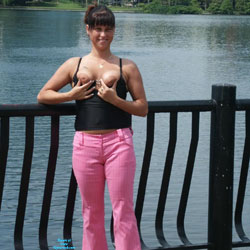 Pic #1At Parking Lot - Big Tits, Brunette, Flashing, Public Exhibitionist, Public Place