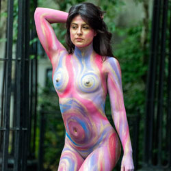 Pic #1Body Painting In A NY Park - Public Place, Outdoors, Public Exhibitionist, Brunette, Shaved, Medium Tits