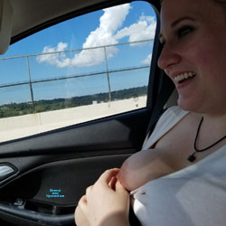 Pic #1Flashing Tits In The Car On Vacation - Big Tits, Public Exhibitionist, Flashing, Outdoors, Amateur