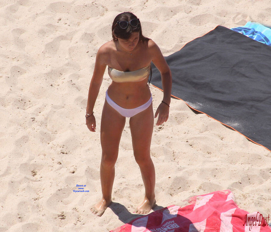 Pic #1Beauty With A Golden Bra On The Beach - Beach, Brunette, Outdoors, Bikini Voyeur