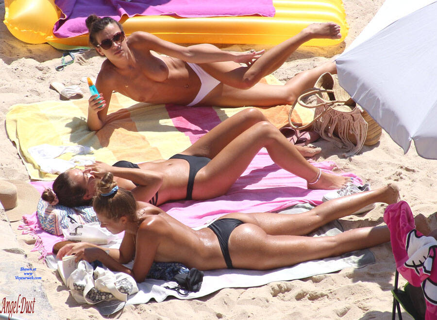 Pic #1Three wonders On A French Beach - Topless Girls, Beach, Brunette, Outdoors, Bikini Voyeur