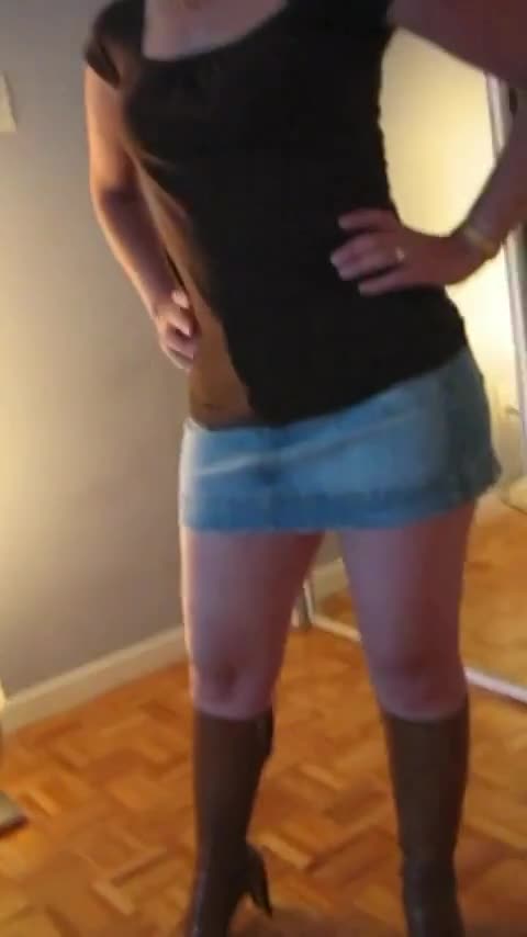 Pic #1My wife masturbating after dinner out wearing denim miniskirt