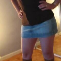 My wife masturbating after dinner out wearing denim miniskirt