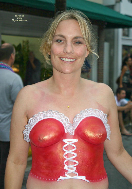 Bodypainting Corset - Blonde Hair, Blue Eyes, Milf, Red Hair , Naked Outside, Body Paint, Painted Tits, Red Body Paint, Naked Courset, Fantasy Fest Participant, Body Paint Model