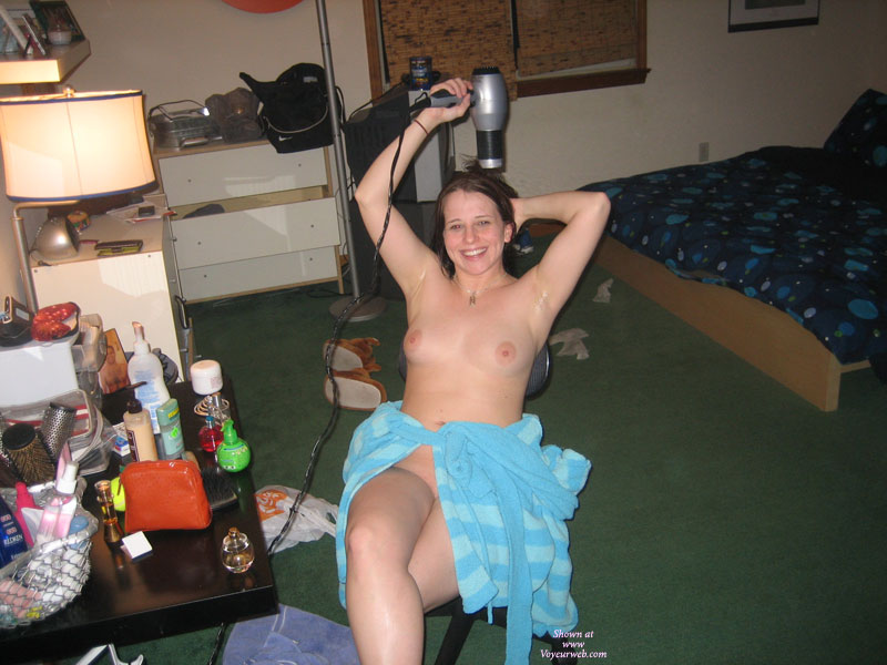 Wife Drying Hair Topless - Topless, Naked Girl, Nude Amateur, Nude Wife , Nude Wife In Bedroom, Big Smile, Medium Aereolas, Dark Haired