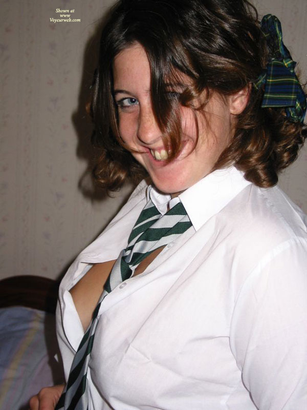 Sideblouse - Blue Eyes, Brunette Hair , Naughty Schoolgirl, White Blouse, Butter Face, School Girl Outfit, Hair Ribbon, White Green Striped Tie, Brunette Short Hair