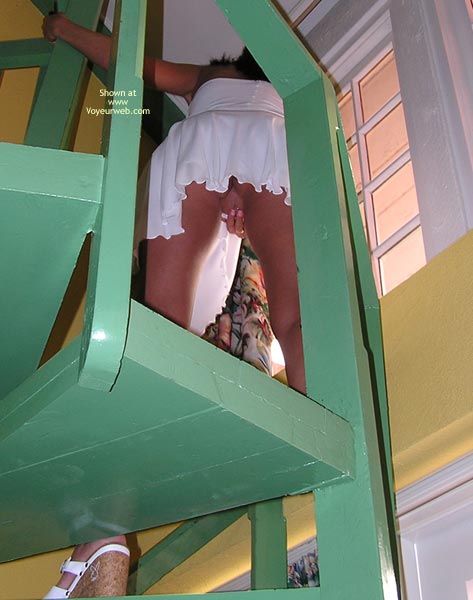 White Dress - Shaved Pussy, White Dress , White Dress, Shaved Pussy, White Heels, Pantyless Upskirt, Flashing On The Stairs